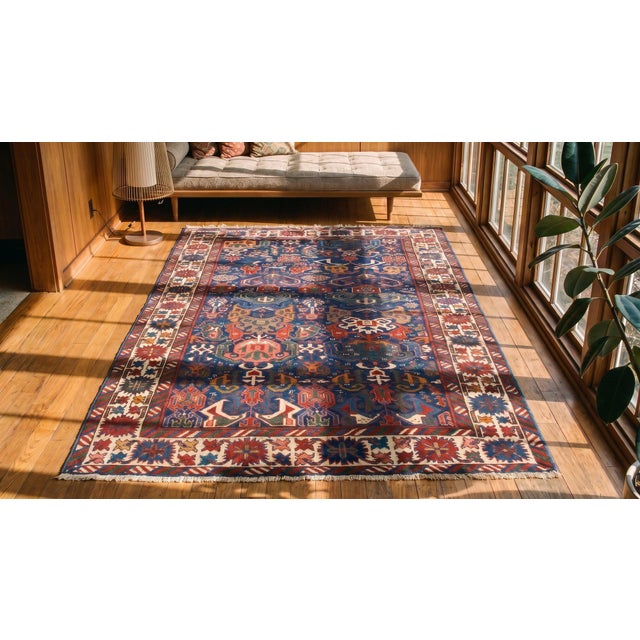 1890s Blue Navy Geometric Tribal Antique Caucasian Bidjov Rug Hand Knotted 3'7" X 6'6" Wool Carpet For Sale In New York - Image 6 of 8