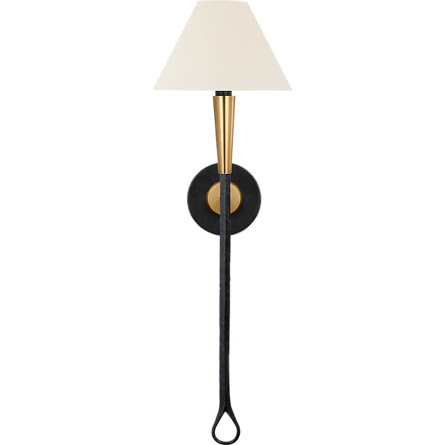 Visual Comfort Thomas O'Brien for Visual Comfort Signature Cavalli 27" Tail Sconce in Aged Iron and Hand-Rubbed Antique Brass with Linen Shade For Sale - Image 4 of 11