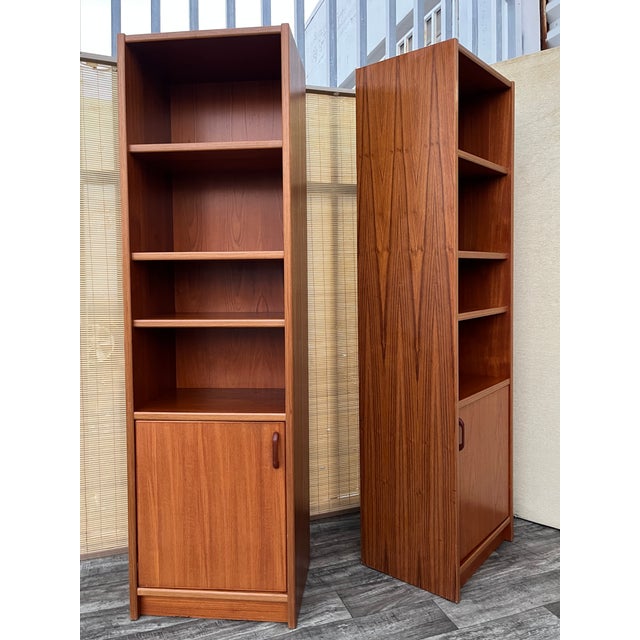 1970s A Pair of Vintage Single-Column Danish Teak Bookcases With Cabinet Storage. Circa 1970s For Sale - Image 5 of 17