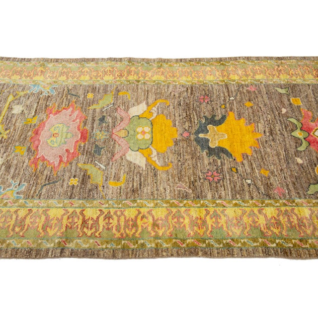 Textile 4 X 10 Modern Turkish Oushak Wool Rug in Brown Color With Artwork Pattern For Sale - Image 7 of 10