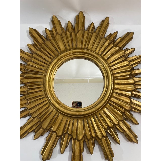 1970s 1970s Mid Century Modern Italian Florentine 20" Gilded Sunburst Wall Mirror For Sale - Image 5 of 18