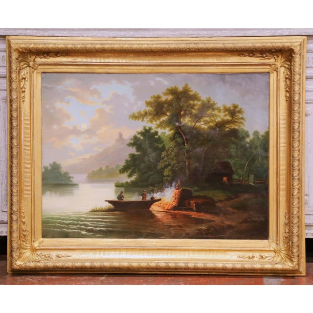 Wood 19th Century French River Landscape Oil on Canvas in Carved Gilt Frame, Signed For Sale - Image 7 of 12