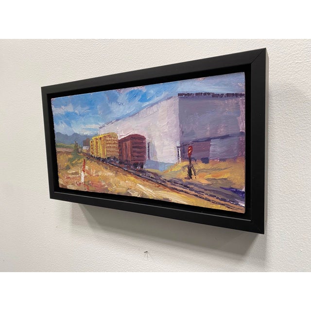 Trackside 2 by Delton Demarest | Oil on Board Painting of train cars near a building For Sale - Image 4 of 5