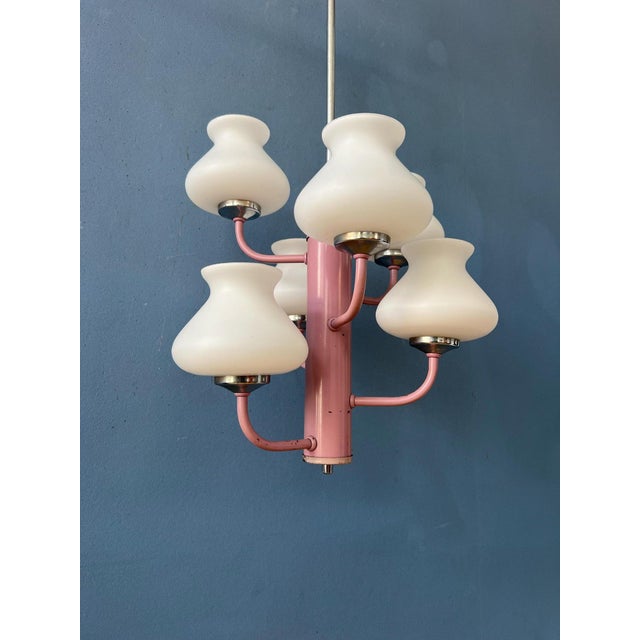 Mid-Century White Opaline Glass Chandelier with Pink Frame For Sale - Image 9 of 13