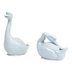 Antique Japanese Kutani Porcelain Birds - Models of Geese in Blanc De Chine Glaze - A Pair
