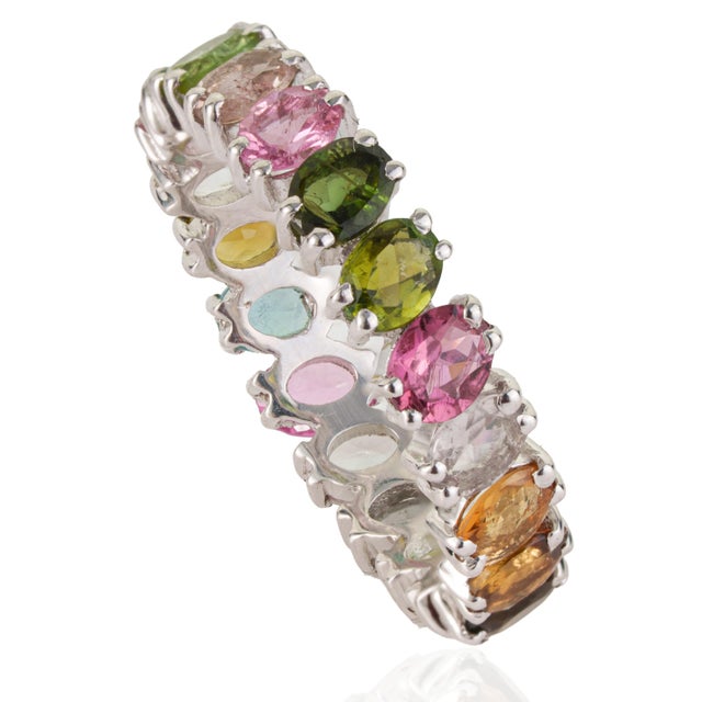 Contemporary Boho 3.74 Ct Oval Multicolor Tourmaline Full Eternity Ring in 925 Sterling Silver Size 7.5 For Sale - Image 3 of 15