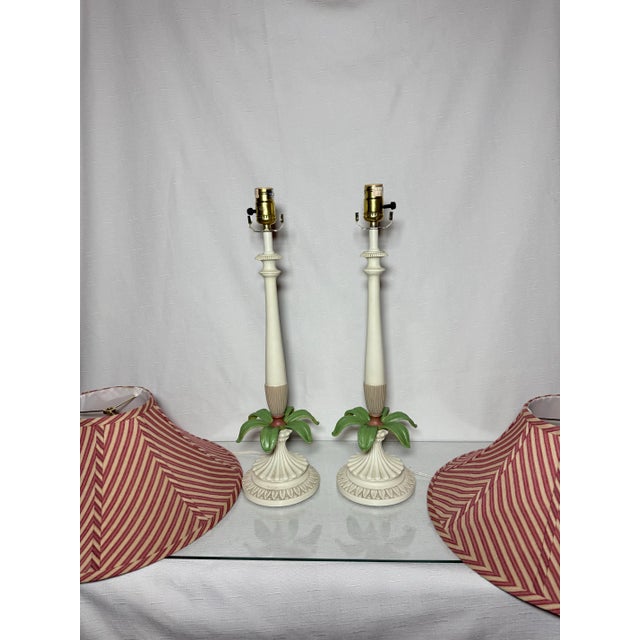 Chic Vintage Palm Beach Regency Palm Tree Table Lamps - Striped Empire Shade – Charming Coastal Decor – A Pair For Sale - Image 4 of 12