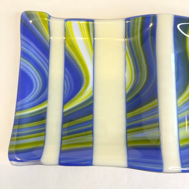 Vintage Fused Rectangular Wavy Striped Art Glass Plate Tray For Sale - Image 4 of 12