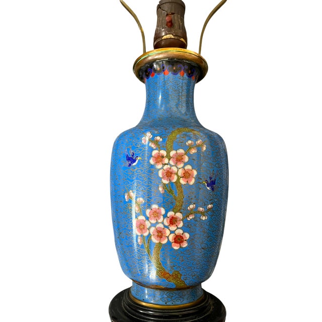 Antique 19th Century Chinese Cloisonné Vase Lamp With Cherry Blossoms & Swallows on Cobalt Blue Ground, 18" For Sale In Jacksonville, FL - Image 6 of 15