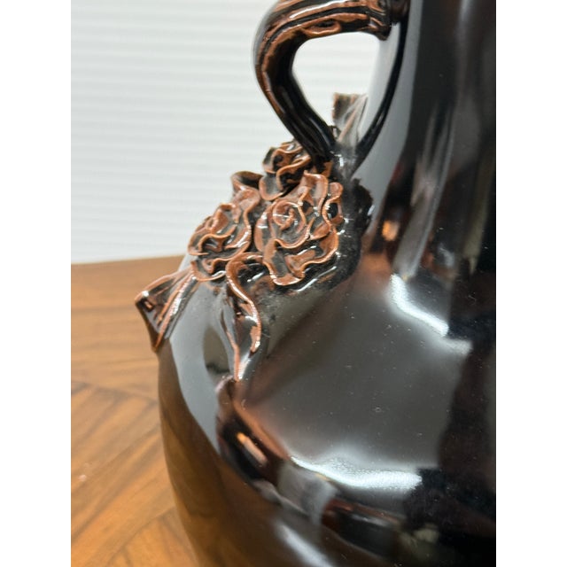 Ceramic Antique Replica Chinese Dark Glaze Twin-Handle Floral Pottery Vase For Sale - Image 7 of 12