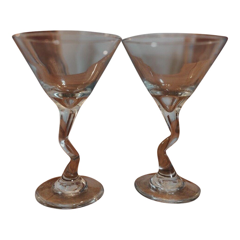 Late 20th Century Clear Crooked Bent Stem Martini Cocktail Glasses A