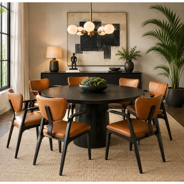 Wood Set of 6 Mid-Century “Thonet” Ebony Wood Arm Chairs in Brown Upholstery For Sale - Image 7 of 8