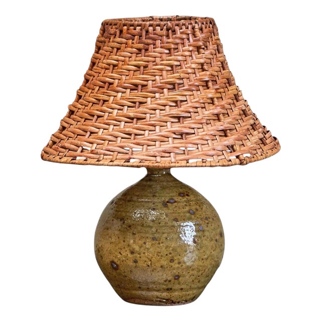 French Olive Green Glazed Studio Pottery Table Lamp with Rattan Shade, 1960s For Sale