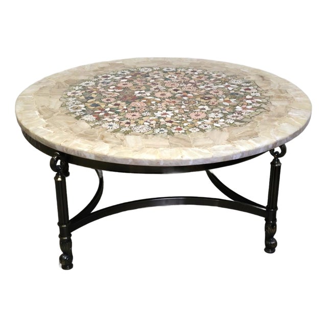 Onyx Coffee Table With Floral Mosaic Inlay, Mid-Century Modern, Brazil For Sale