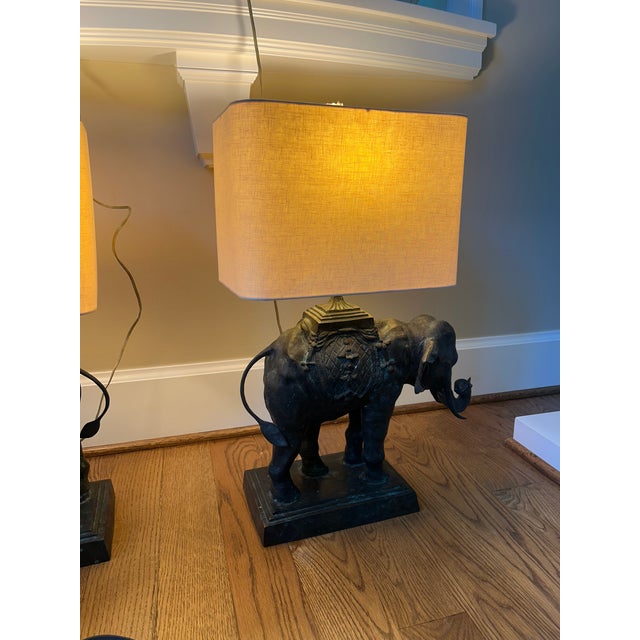 Figurative Early 20th Century Rare Matched Pair — Maitland-Smith Figural Elephant Lamps, Cast Brass/Bronze With Original Shades For Sale - Image 3 of 7