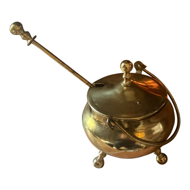 Antique Brass Ember Pot With Fire-Lighting Wand (Late 19th–Early 20th Century) For Sale