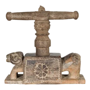 Antique Indian Wooden Hand Noodle Maker with Carved Ram & Vice Press