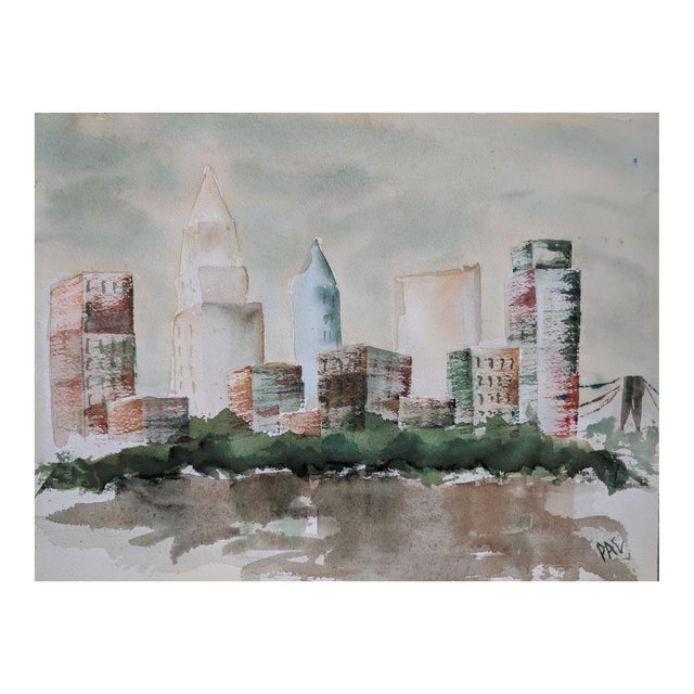 Original Cityscape of Cleveland Ohio City Skyline Watercolor Painting For Sale