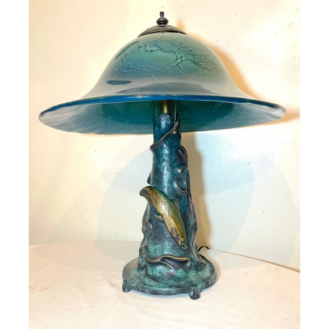 Nautical 1990s Original K Dahl Glass Studios Bronze Hand Blown Glass Trout Fish Nautical Lamp For Sale - Image 3 of 12