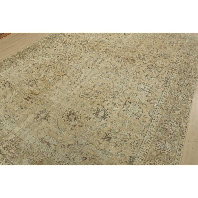 Farmhouse Tabriz Rug 9’7” X 11’9” Beige Wool Vintage Distressed Hand-Knotted Carpet For Sale - Image 3 of 15