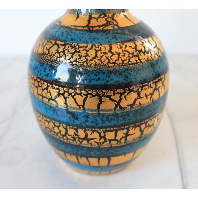 Mid-Century Modern Italian Gold and Teal Crackle Pottery Vase For Sale - Image 3 of 6