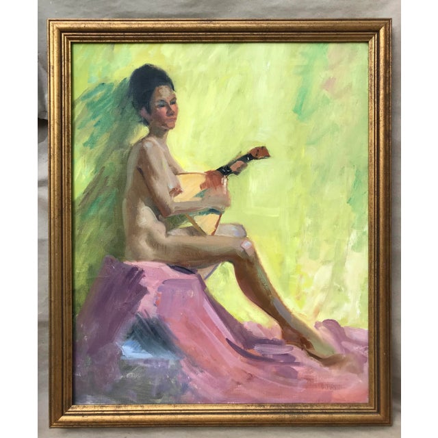Light Yellow American Impressionist Oil Painting Nude Female With Balalaika by Harry Barton For Sale - Image 8 of 8