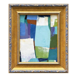Bold Blue Abstract Oil Painting in Vintage Frame For Sale