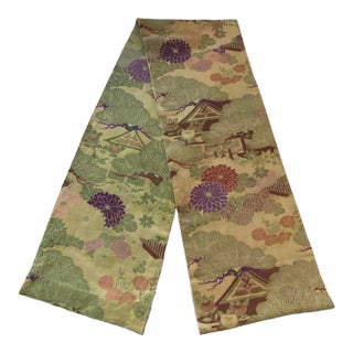 Antique Japanese Maru Silk & Wool Obi With Multicolored Peonies & Minka Landscape Design For Sale