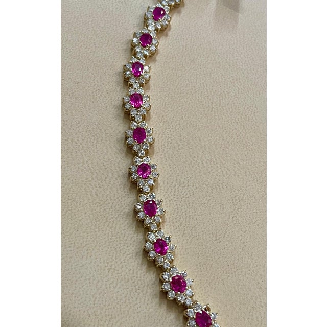 7 Carat Oval Cut Natural Ruby & Diamond Tennis Bracelet 14kt Yellow Gold 24.5 G For Sale - Image 9 of 18