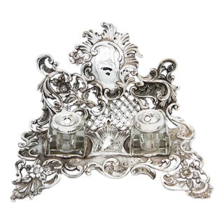 Embossed Silver Inkwell with Cutouts and Small Glass Tanks, Set of 3 For Sale