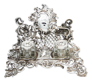 Embossed Silver Inkwell with Cutouts and Small Glass Tanks, Set of 3