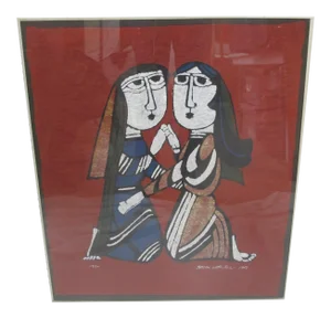 Sadao Watanabe Japanese Signed Framed Katazome "Mary Visiting Elizabeth"