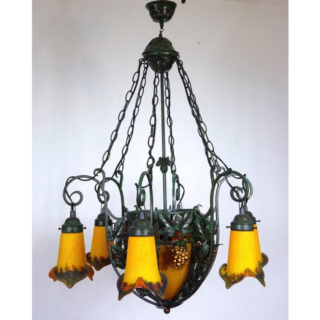 Art Deco Wrought Iron Pate de Verre Glass Chandelier, France, 1990s For Sale - Image 4 of 18