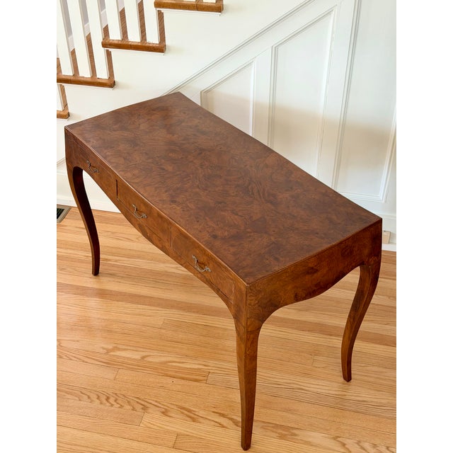 Mid-Century Italian Walnut Oyster Burl With Cabriole Legs Rectangular Writing Desk For Sale - Image 10 of 14