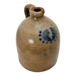 Unusual Antique American Blue Decorated Stoneware 1 Gallon Jug by S Risley in Norwich Connecticut - Circa 1860s For Sale