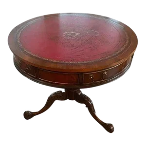Vintage Chippendale Style Accent Table with Red Leather Top