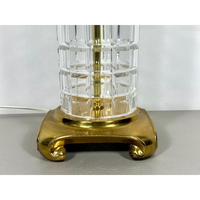 Dresden Porcelain Large Signed Dresden Hand Cut Block Crystal and Brass Table Lamp 31 Inch Hollywood Regency For Sale - Image 4 of 14