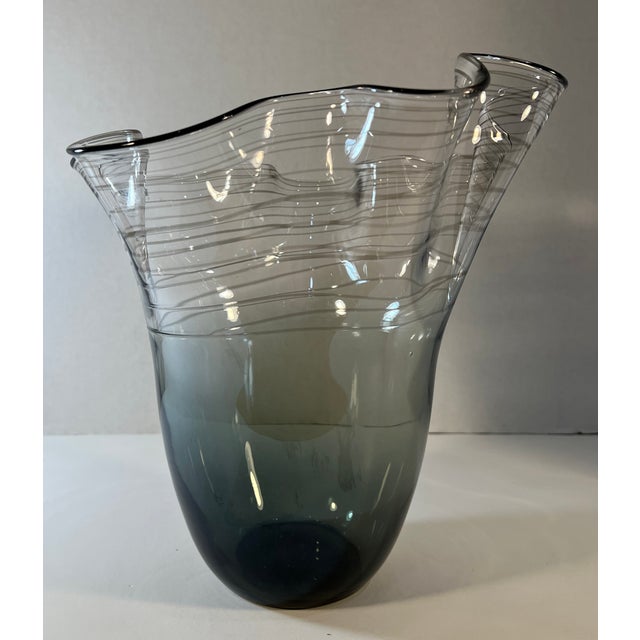 Murano Casamotion Smokey Gray Art Glass Vase With Swirl Design and Ruffled Lip For Sale - Image 4 of 12