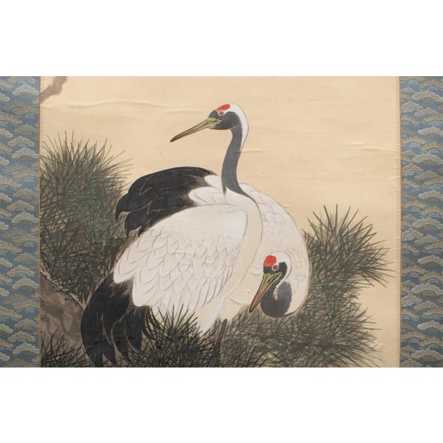 Early 20th Century Meiji to Early Showa Era Japanese Watercolor Scroll "Two Cranes and the Pine Tree" For Sale In Dallas - Image 6 of 12