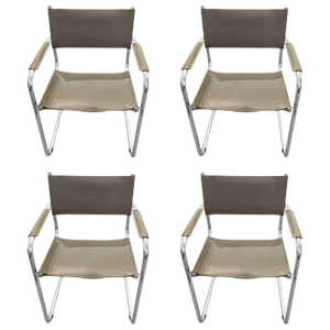 Mid-Century Modern Grey Leather and Chrome Dining Armchairs- Set of 4