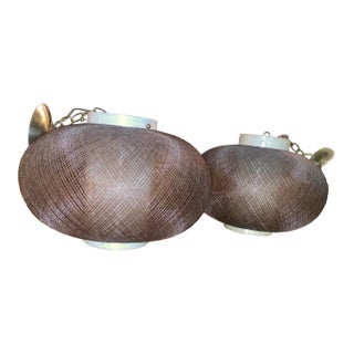 1950s Pair of Brown Spun Fiberglass and Acrylic Bulbous Hanging Lanterns For Sale