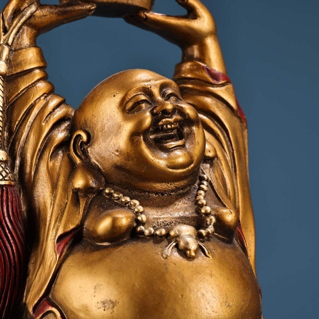Vintage Gilt Bronze Standing Maitreya Buddha Holding Gold Ingot For Sale - Image 4 of 9