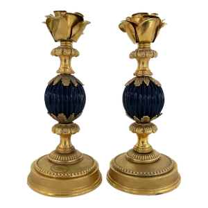 Italian Laudarte Srl Gilt Bronze and Enameled Candlesticks With Flowers, a Pair