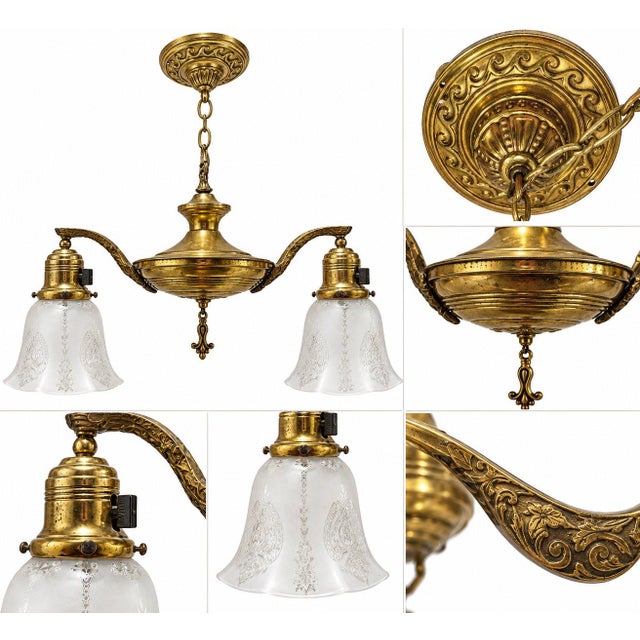 Vintage Brass Two-Light Chandelier with Etched Glass Shades Perfect for a French country kitchen, cozy dining room,...