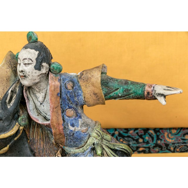 19th Century Antique Chinese Sancai Glazed Ceramic Roof Tile Equestrian Figure on Stand For Sale - Image 5 of 9