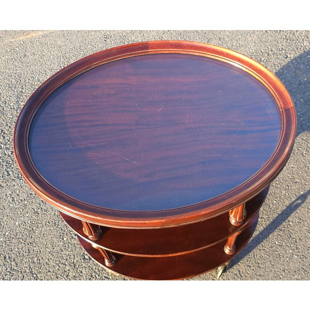 Early 20th Century Mahogany Oval Three-Tiered Rolling Bar Cart For Sale In Washington DC - Image 6 of 13