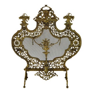 Ornate Antique French or Italian Style Victorian Heavy Cast Brass Fireplace Screen For Sale