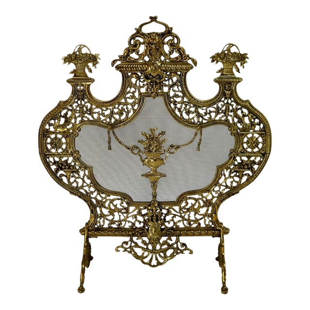 Ornate Antique French or Italian Style Victorian Heavy Cast Brass Fireplace Screen For Sale