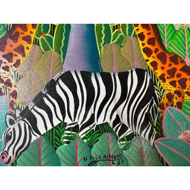 1987 H. Fils Aimond Haitian Folk Art Jungle Landscape With Zebra & Giraffes – Sold For Sale - Image 4 of 8
