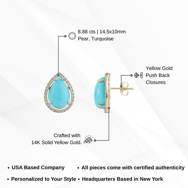 8.88ct Sleeping Beauty Turquoise Solitaire Halo Diamond 14k Gold Earrings- A Pair For Sale - Image 11 of 15